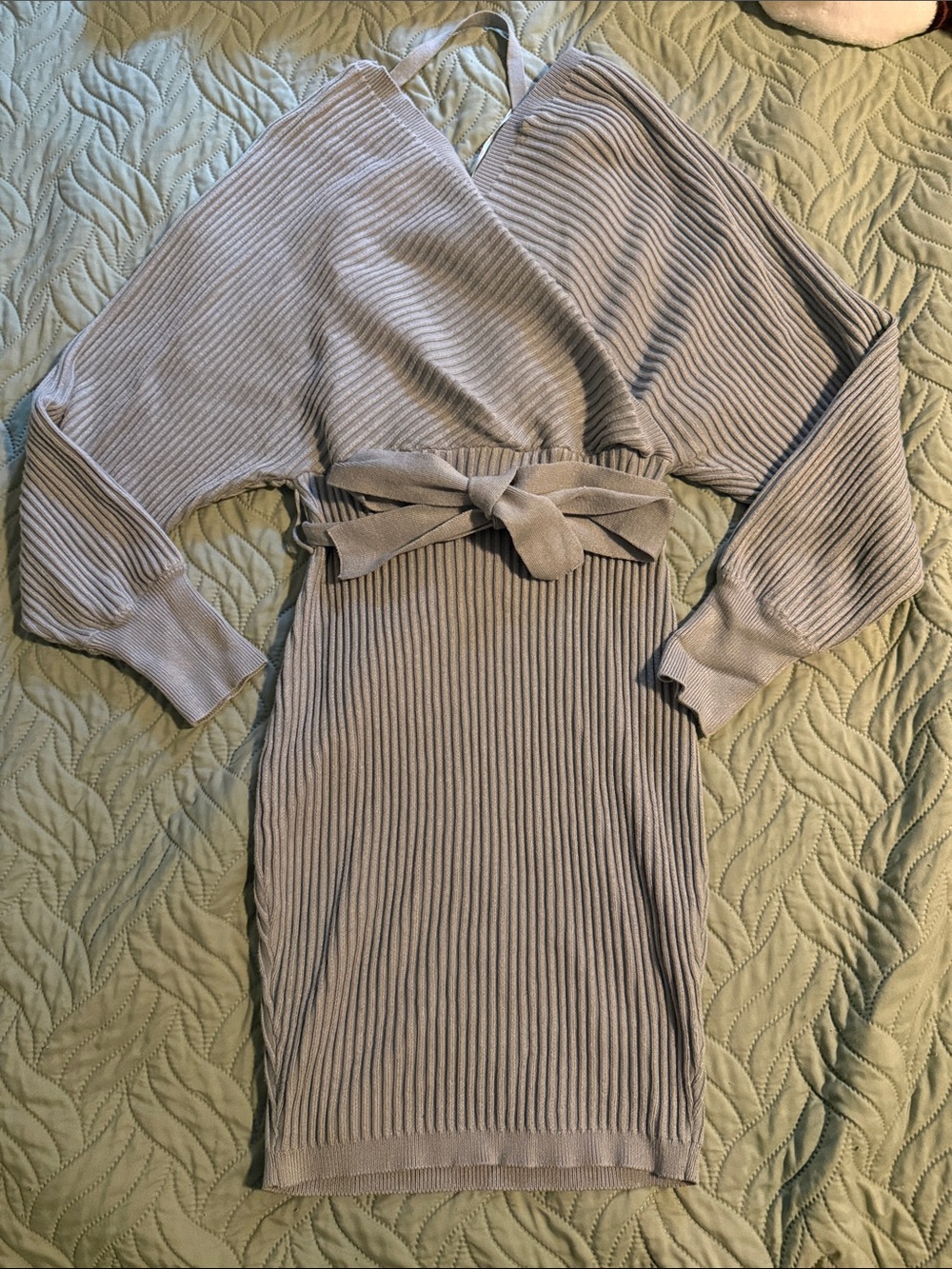Knit Ribbed Wrap Midi Dress in Light Gray/blue